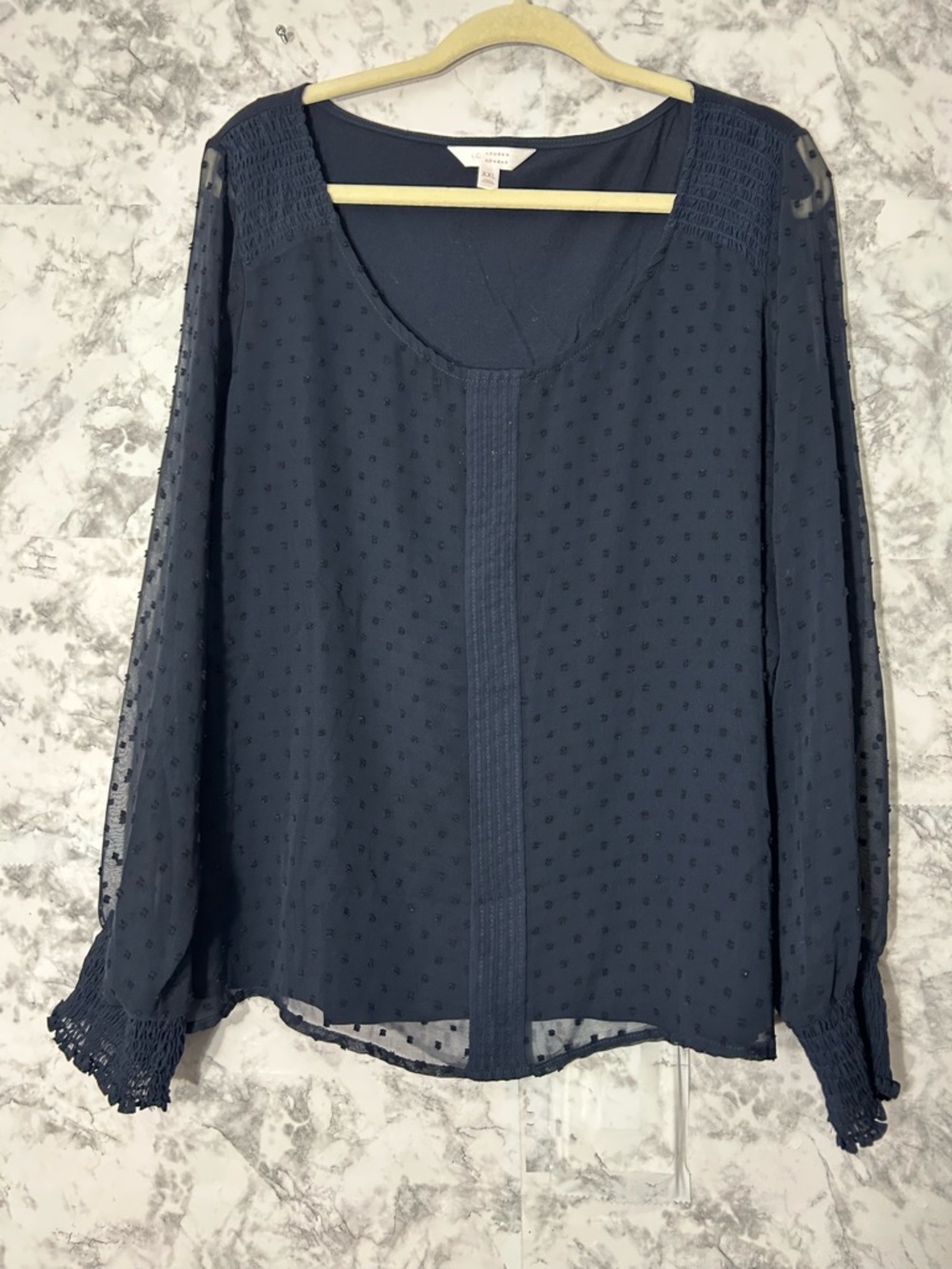 LC Lauren Conrad Navy Swiss Dot Sheer Long-Sleeve Blouse